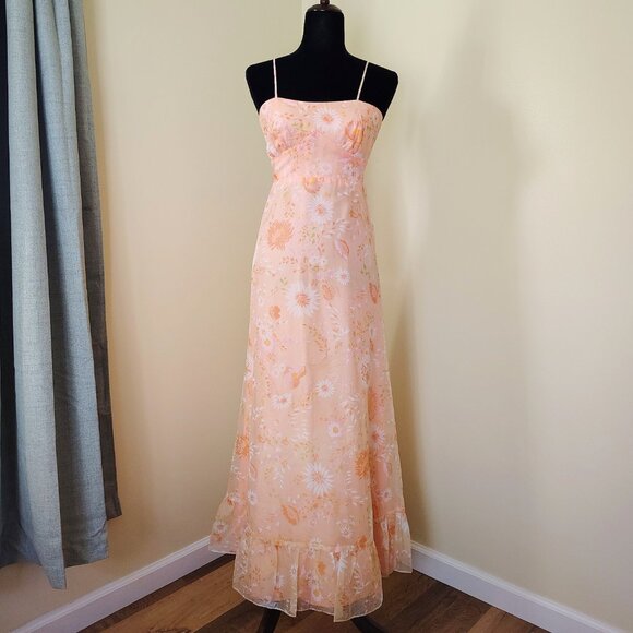 Vintage 70s Orange Sherbet Floral Chiffon Maxi Dress w/ Poet Sleeve Bolero - Picture 2 of 9